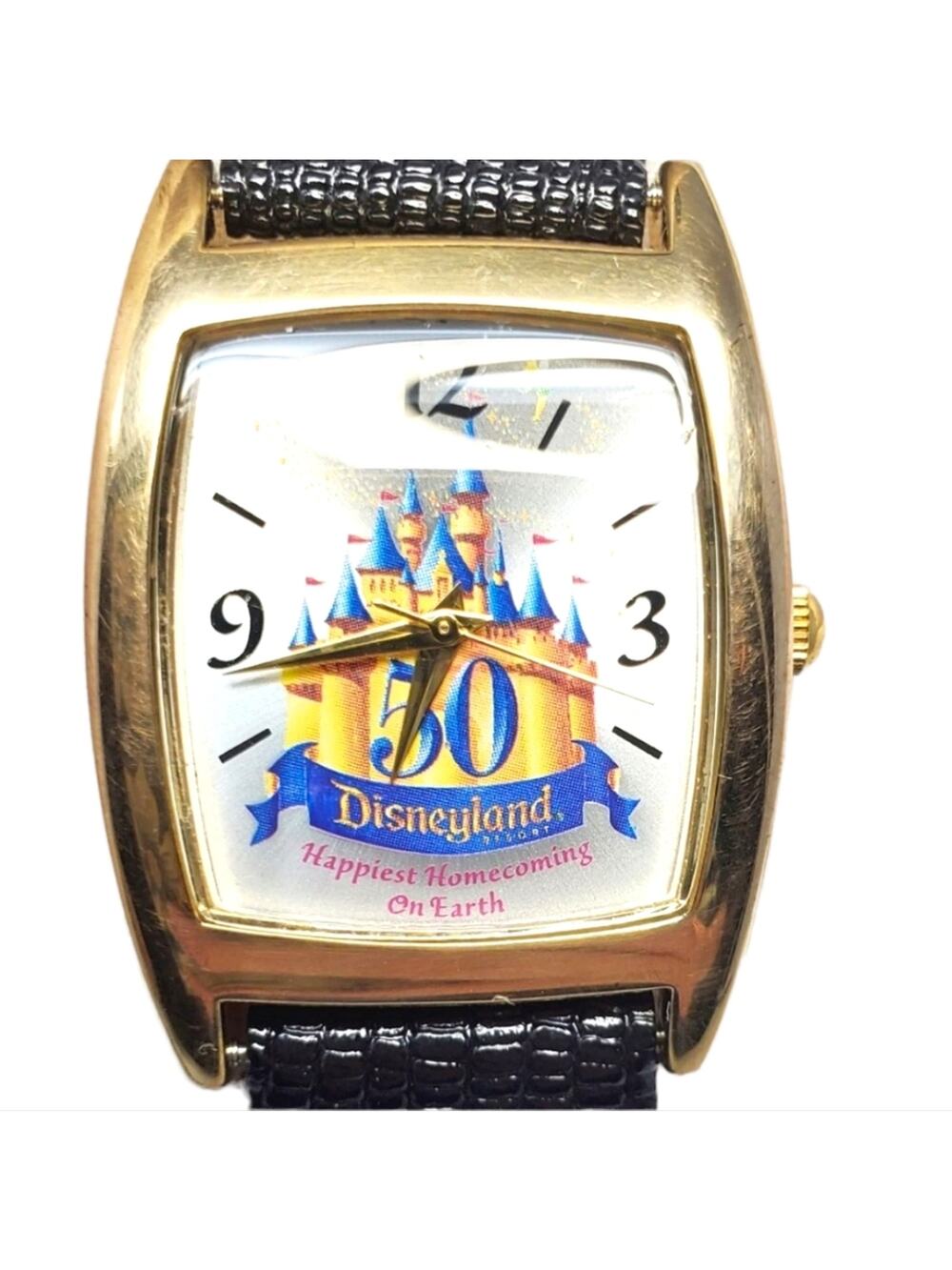Disneyland 50th Anniversary Analog Watch Gold Black Leather